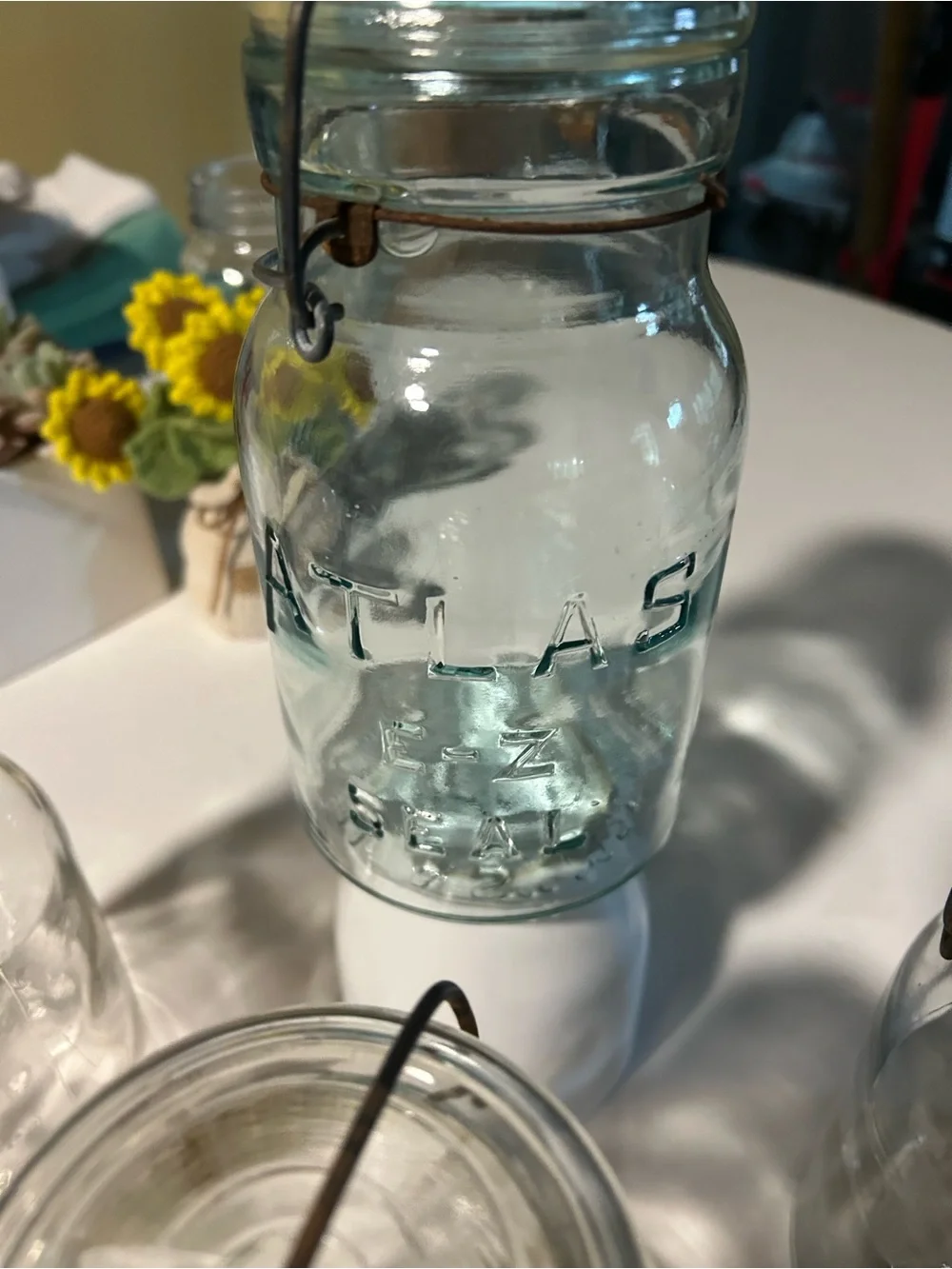 Pristine Condition Set of 4 Vintage Clear Glass ATLAS Mason Jars, Wire Bail Lid
